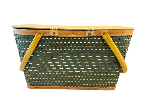 Vintage Picnic Basket, Dark Green Woven Wicker, M… - image 8