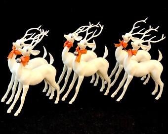 Vintage Reindeer Figurines, Set of 6 Kitschy Big Eye Stylized Christmas Decorations, Molded White Plastic with Bows, Bells