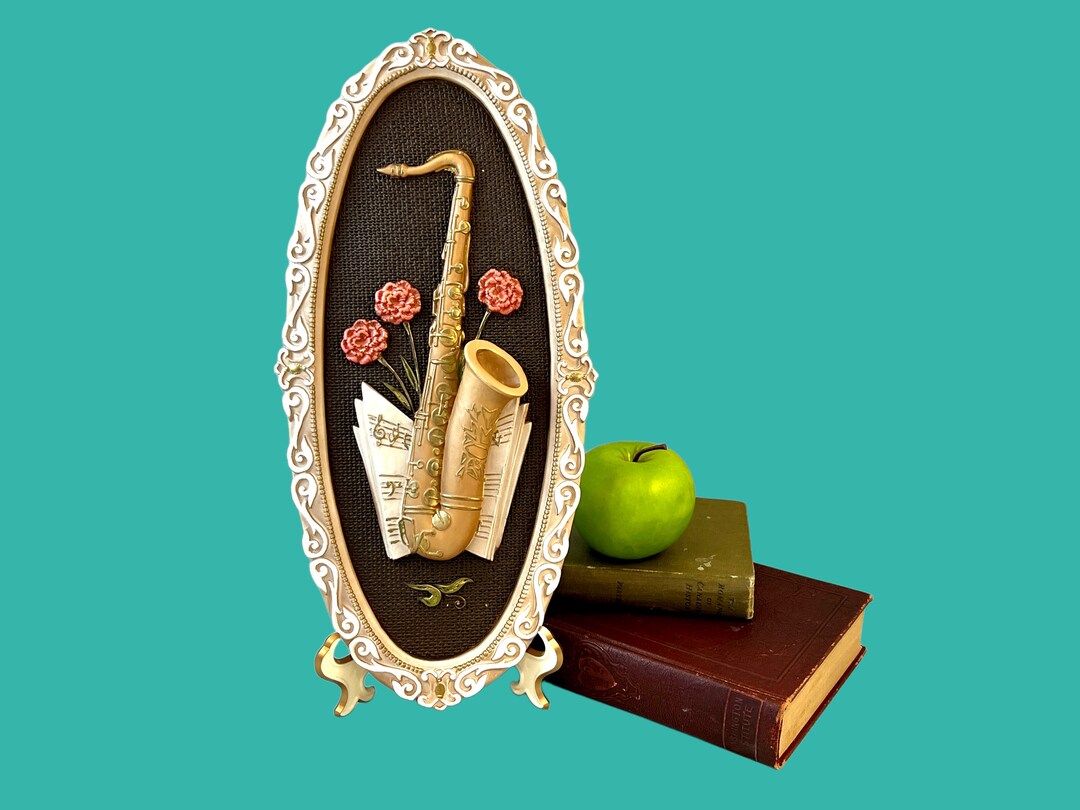 Vintage Saxophone Chalkware Wall Hanging Plaque, Kitschy Mid Century