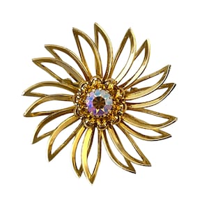 Vintage Sarah Coventry Brooch, Gold Tone Flower, Aurora Borealis Rhinestone, Mod Daisy Pin, 1960&#39;s Mid Century Statement Jewelry