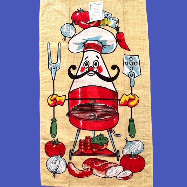 Vintage BBQ Boss Tea Towel, Anthropomorphic Barbecue, Kitschy Mid Century Cooking Graphics, Kitchen Accessory, Father's Day Dad Gift