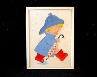 Vintage Irmi Framed Picture, Child in Rain, Boots, Umbrella, Cute Kitschy 1950's Nursery Decor, Gender Neutral Baby Gift