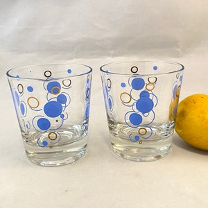 Vintage Cocktail Glasses, Federal Atomic Dots, Blue and Gold Old Fashioned Lowball Glass Set, Mid Century Modern Barware