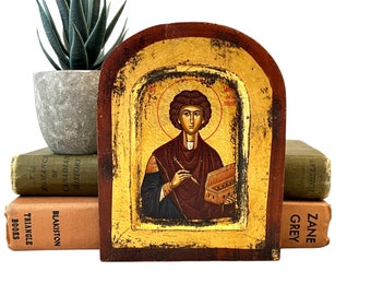 Vintage Saint Panteleimon Wall Hanging, St. Pantaleon The Merciful, Greek Orthodox Icon, Wood Byzantine Style Christian Religious Decor