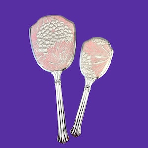 Vintage Hand Mirror and Brush, Vanity Dresser Set, Pink Satin Metallic Fabric, 1960&#39;s Hollywood Regency Decor