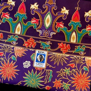 Batik Carwi Fabric, Purple Flower and Paisley Traditional Indonesian Material, Jewel Tones Sewing or Home Decor