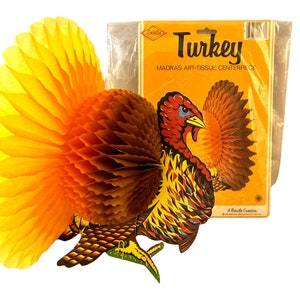 Vintage Honeycomb Turkey Decoration, 1980's Beistle Fold-Open Tissue Paper Centerpiece, Thanksgiving Decor