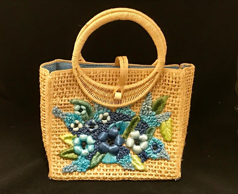 Vintage Purse Jute Tote Bag Woven Blue Floral Raffia Design | Etsy