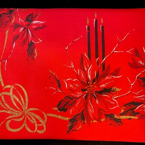 Vintage Christmas Tablecloth, California Hand Prints Red Poinsettia, Candles, Kitschy Mid Century Holiday Rectangular Cotton Table Linen