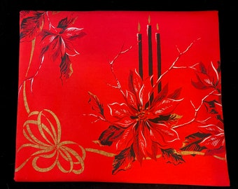 Vintage Christmas Tablecloth, California Hand Prints Red Poinsettia, Candles, Kitschy Mid Century Holiday Rectangular Cotton Table Linen