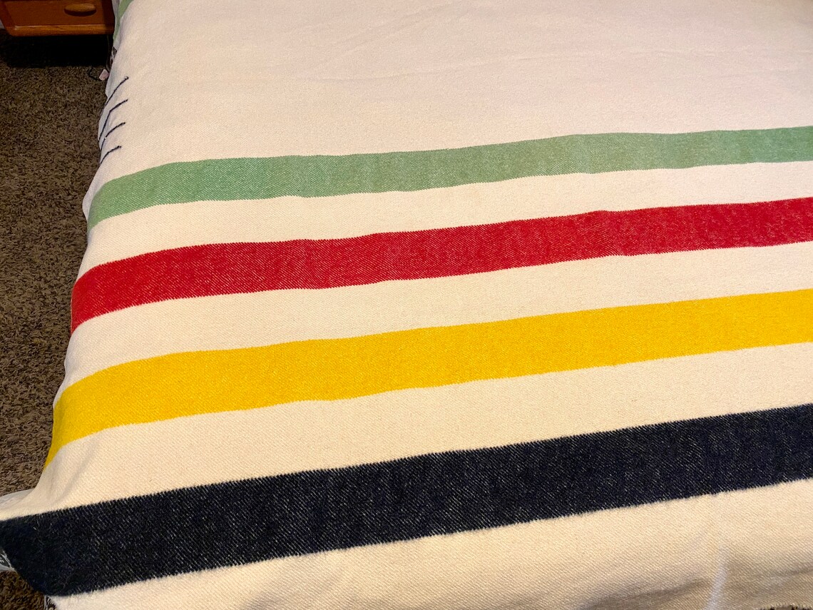 Vintage Hudsons Bay Four Point Blanket Cream Wool Colorful Etsy