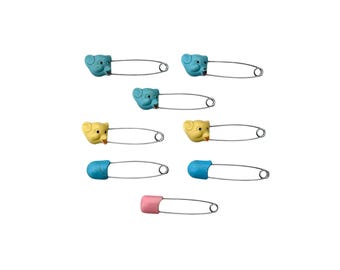 Vintage Diaper Pins, Blue, Yellow Bears or Monkeys, Lot of 8 for Baby Showers, Decor, Crafts