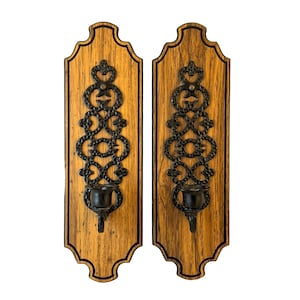 Vintage Wall Sconces, Faux Wood and Black Plastic Taper Candle Holders, Sconce Pair, Ornate, Gothic Revival, Mediterranean 1970&#39;s Decor