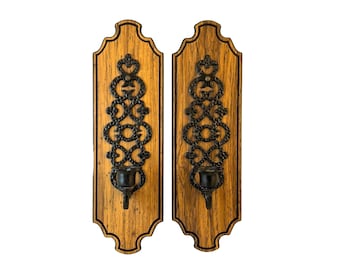 Vintage Wall Sconces, Faux Wood and Black Plastic Taper Candle Holders, Sconce Pair, Ornate, Gothic Revival, Mediterranean 1970's Decor