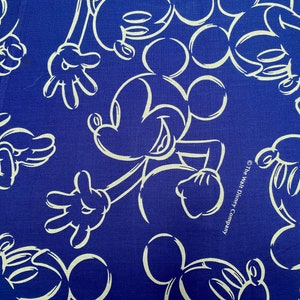Mickey Mouse Fabric, 1 Yard Licensed Disney Sewing Material, Royal Blue, White Line Drawings, Quilting Cotton Poplin, Cartoon
