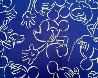 Mickey Mouse Fabric, 1 Yard Licensed Disney Sewing Material, Royal Blue, White Line Drawings, Quilting Cotton Poplin, Cartoon