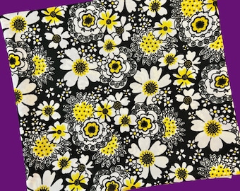 Vintage Mod Flower Power Fabric, 1970's Polyester Knit Material, Black Yellow Floral