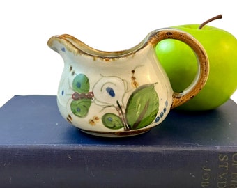 Ken Edwards Tonala Pottery Cream Pitcher, Signed Mexican Stoneware Creamer, Folk Art Ceramic, Boho Bird, Flowers, Butterfly