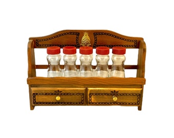 Vintage Spice Rack, Small Wood Shelf, 5 Glass Shaker Bottles, Pineapple Accent, Wall Mounted Rustic Country Kitchen Decor