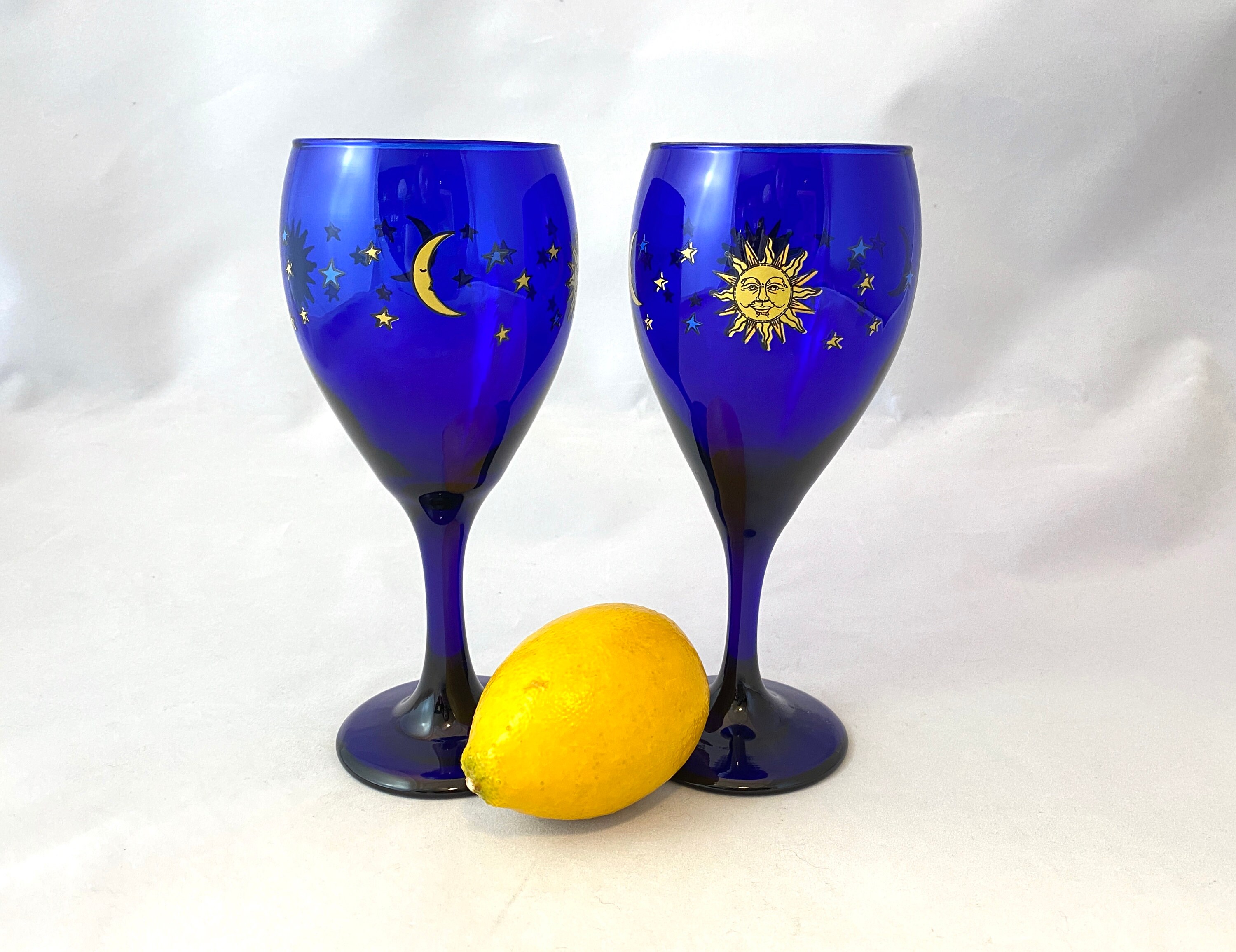 Vintage Wine Glasses Celestial Sun Moon Stars Libbey Cobalt Etsy