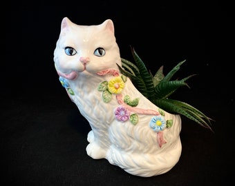 Vintage Cat Planter, Ceramic Kitten Figurine, White with Flowers, Indoor Succulent Planter, Succulents, Houseplants