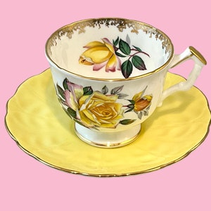 Vintage Aynsley Yellow Rose Teacup and Saucer, Crocus Shape, Delicate Flowers, Bone China Made in England