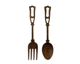 Vintage Oversize Metal Utensils, Large Spoon and Fork, Faux Woodgrain Kitchen Wall Hangings, Kitschy 1970's Decor