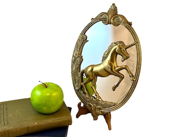 Vintage Brass Unicorn Mirror, Oval Frame with Floral Accent, Wall Hanging, 1980&#39;s Decor
