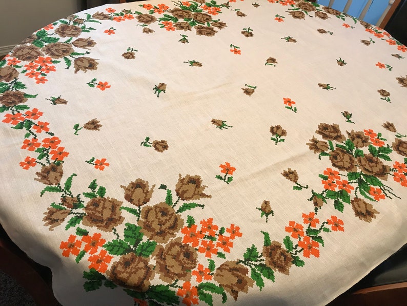 Vintage Tablecloth and Napkins Set Mod Orange Flower Block Etsy