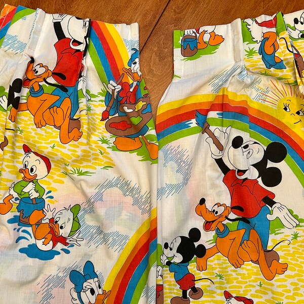 Vintage Disney Curtains, Mickey Painting Rainbow, Bed Sheet Material, Donald Daisy Duck, Character Print, Kids Room Decor
