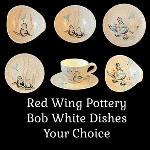 May include: Set of six Red Wing Pottery Bob White dishes, featuring a brown and white background with blue and brown birds. The set includes a teacup and saucer, a small bowl, and three larger bowls.
