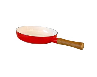 Vintage Dansk Red Enamel Skillet, Kobenstyle Frying Pan, Mid Century Enamelware Cookware, Teak Wood Handle