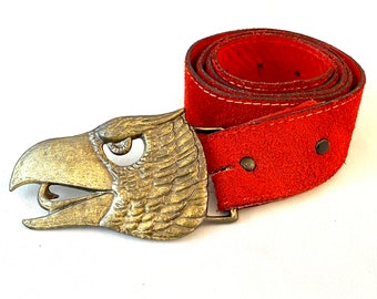 Vintage Brass Eagle Belt Buckle on Red Suede Leather, 1970's Statement Accessory