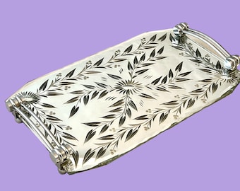 Vintage Engraved Mirror Tray, 1930's French Mirrored Dresser Vanity Perfume Display, Floral Design, Art Deco Chrome Handles