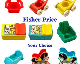 May include: A set of nine vintage Fisher-Price Little People toys, including a red chair, a yellow chair, a green chair, a red stroller, a yellow stroller, a blue crib, a red rocking horse, a blue rocking horse, and two yellow and blue beds.  The toys are all in good condition and have been well-loved.