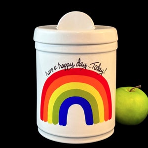Vintage Rainbow Cookie Jar, Have a Happy Day Today, Ceramic Crock Canister with Lid, 1970&#39;s 1980&#39;s Kitchen Decor, Pottery Made in USA
