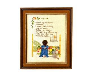 Vintage Crewel, Guide Me Safely, Now I Lay Me Down to Sleep Framed Picture, Bedtime Prayers, 1970's Sunset Stitchery, Baby Nursery Decor