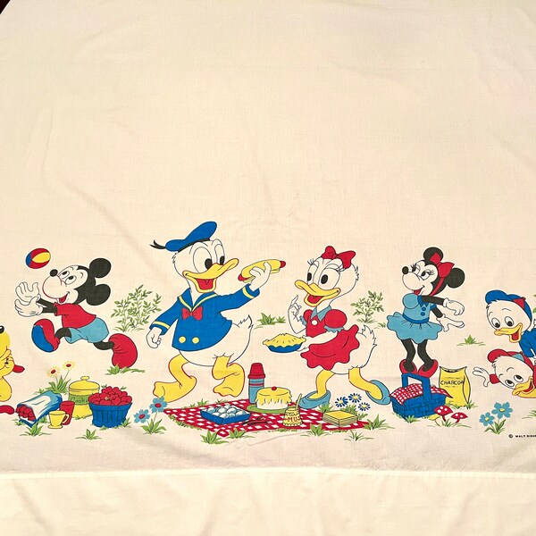 Vintage Disney on Parade Bed Sheet, Twin Flat, 1970's Kids Character Bedding, Picnic, Mickey Minnie Mouse, Donald Daisy Duck, Fashion Manor