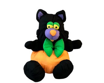 Vintage Halloween Cat Plush, Black Kitty in Pumpkin Toy, Parachute Nylon Stuffed Animal, TB Trading 1990's