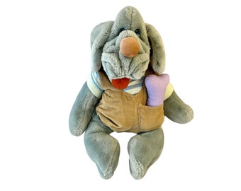 Vintage Wrinkles The Dog Plush Hand Puppet, Corduroy Overalls, 1981 Ganz Bros, Grey Puppy Toy, 80's Kid