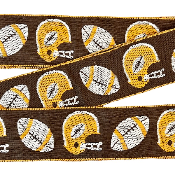 Vintage Football Theme Trim, Flat Woven Cotton Ribbon Tape, Brown, Yellow, Sold by Yard, Footballs and Helmets for Sweaters, Home Decor
