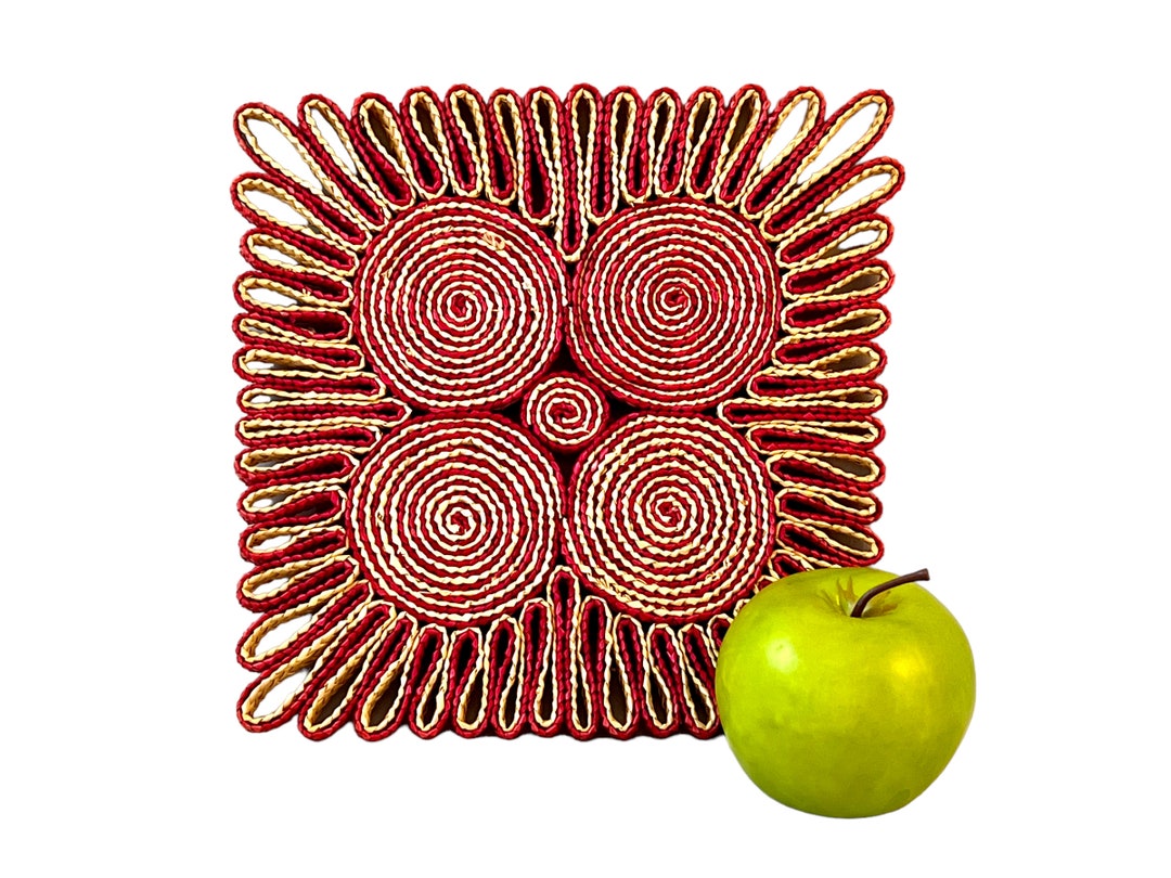 Vintage Woven Straw Trivet, Red and Beige Spiral Design, 9 Square