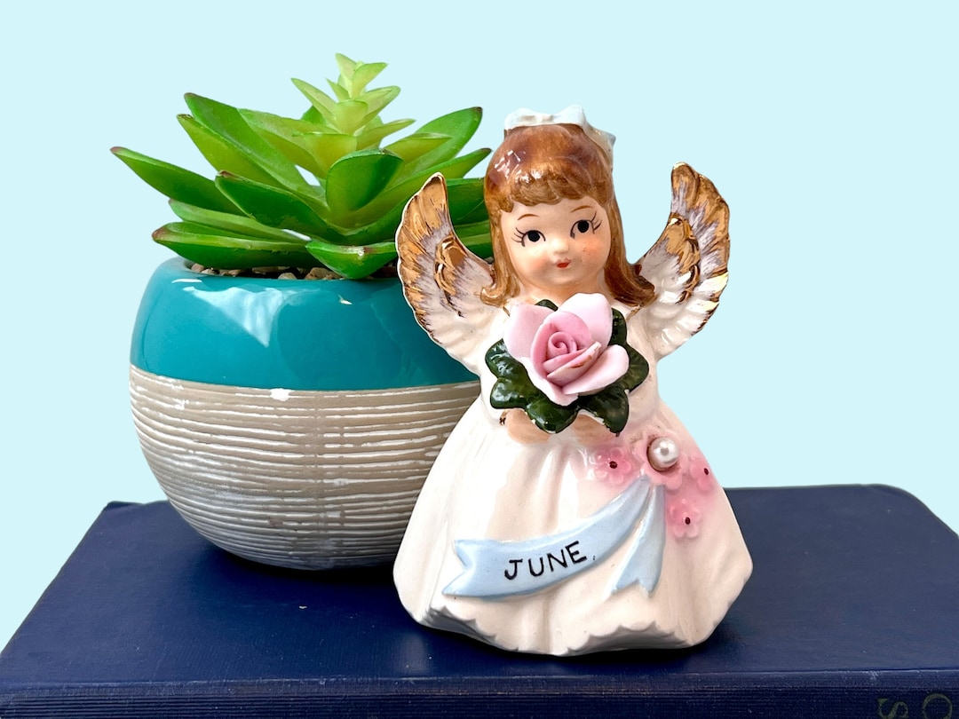 Vintage Lefton June Birthday Angel Porcelain Figurine, Holding