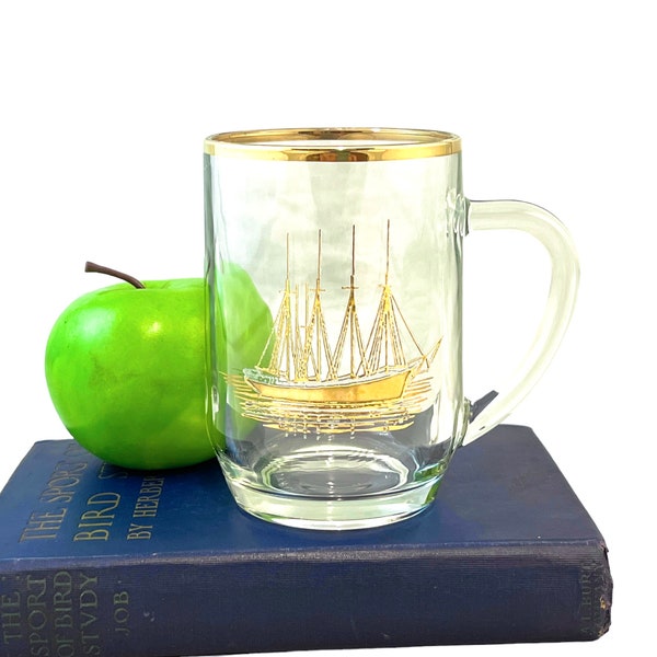 Vintage Schooner Glass Beer Mug, Gold Clipper Ship Handled Tankard, Mid Century Nautical Barware, Man Cave Decor