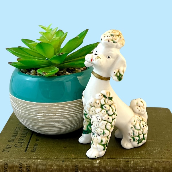 Vintage Poodle Figurine, Magic Mitzi Weather Dog, NOT WORKING Barometer, 1960's Ceramic, Green Fur