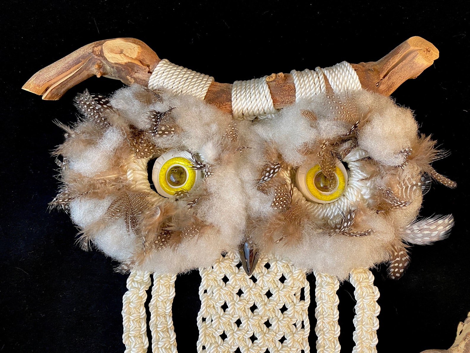 Vintage Macrame Owl on Branch Wall Hanging Ceramic Eyes Real Etsy