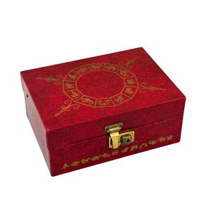 Vintage Zodiac Jewelry Box, Maroon Red Leather Bound, Horoscope Signs, 1970&#39;s Decor, NO KEY