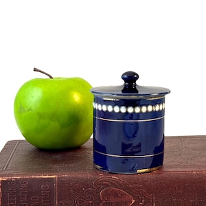 May include: A navy blue ceramic jar with a lid, featuring white and gold detailing. A green apple is placed beside the jar on a brown book. The jar has a small, round handle on top.