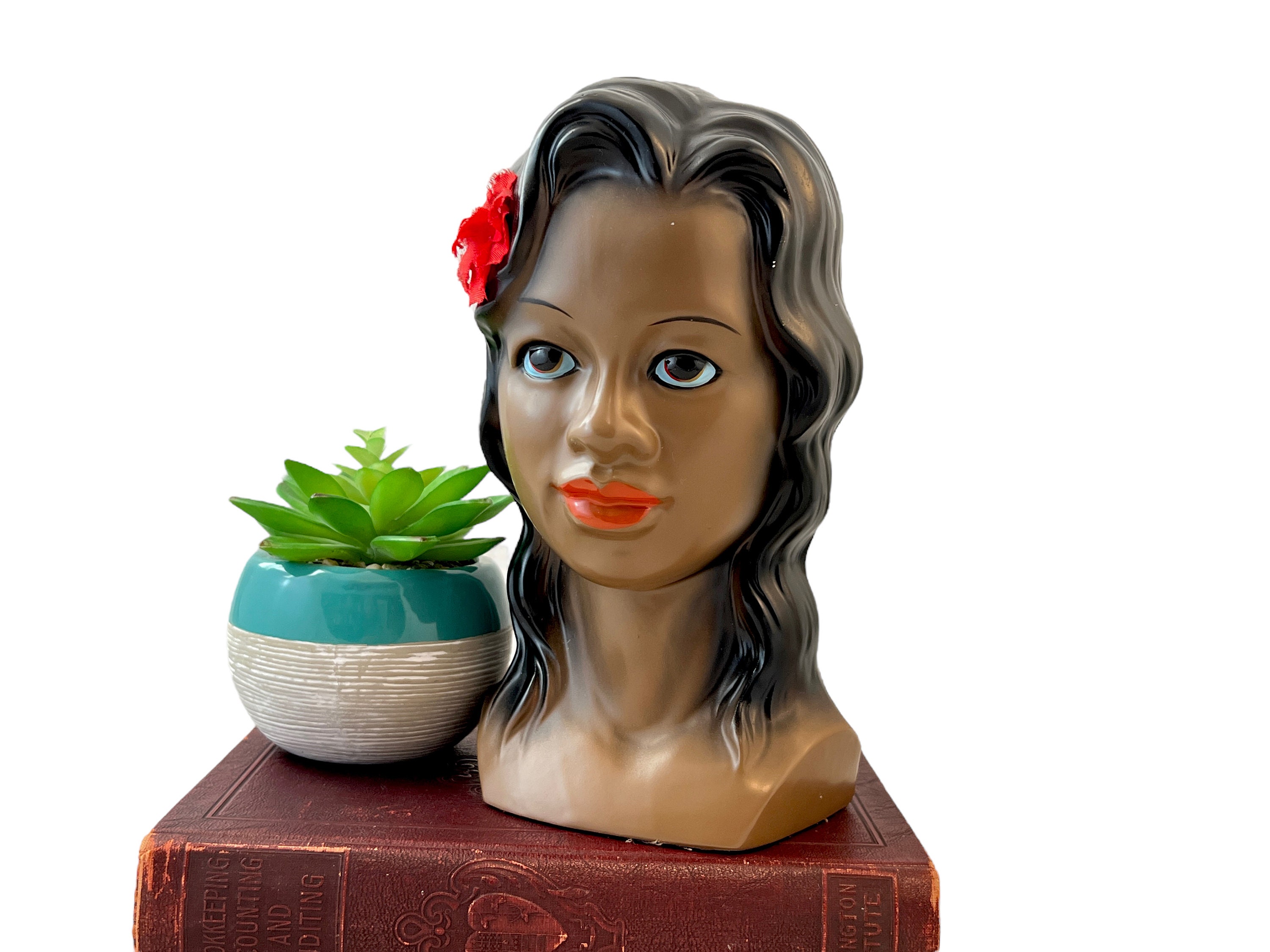 Vintage Hawaiian Hula Girl Bust, Ceramic Polynesian Woman Head