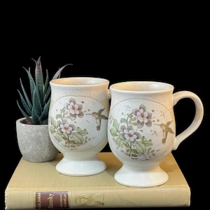 Vintage Hummingbird Mugs, Pair of Otagiri Stoneware Ceramic Pedestal Coffee Cups, Birds and Flowers, Rustic Boho Earth Tone 1970&#39;s Decor